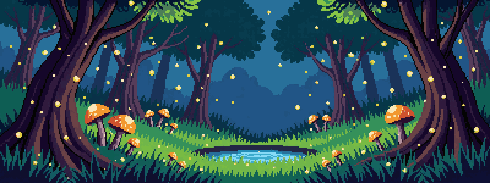 Pixel-art illustration of a firefly glade scene for the Ironbarrow post: Barrowlands: a free idle RPG you can play in your browser