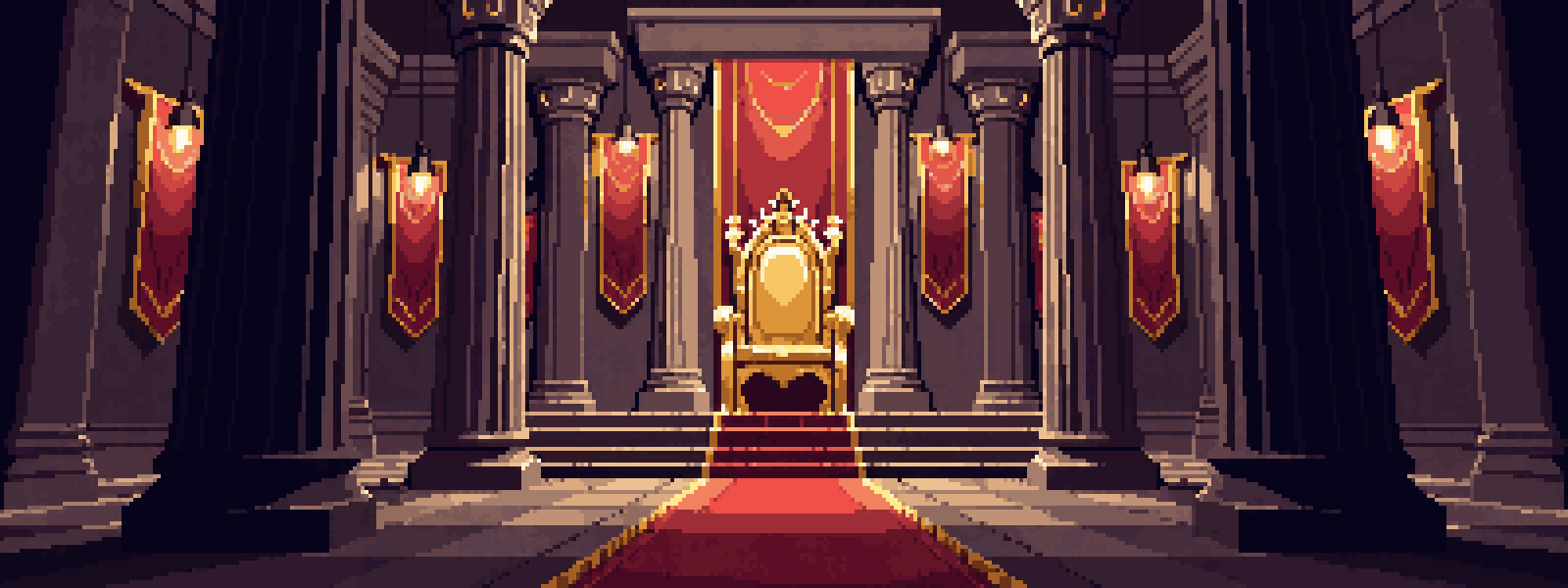 Pixel-art illustration of a golden throne scene for the Ironbarrow post: The Tavern guide: Tavern Tokens, Dragon Crash and coin flips