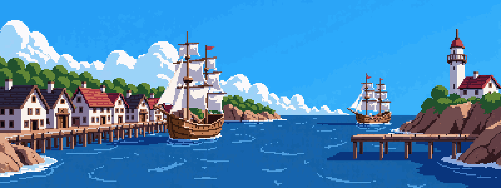 Pixel-art illustration of a harbor scene for the Ironbarrow post: The Ironbarrow market: how to trade wood, stone, iron and food