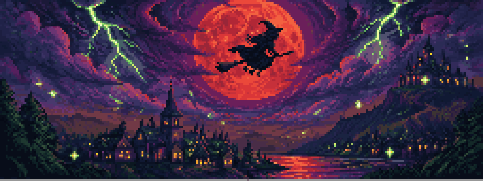 Pixel-art illustration of a witch on a broom across a blood-red moon for the Ironbarrow post: Night of the warbands: keep your capital safe from raids