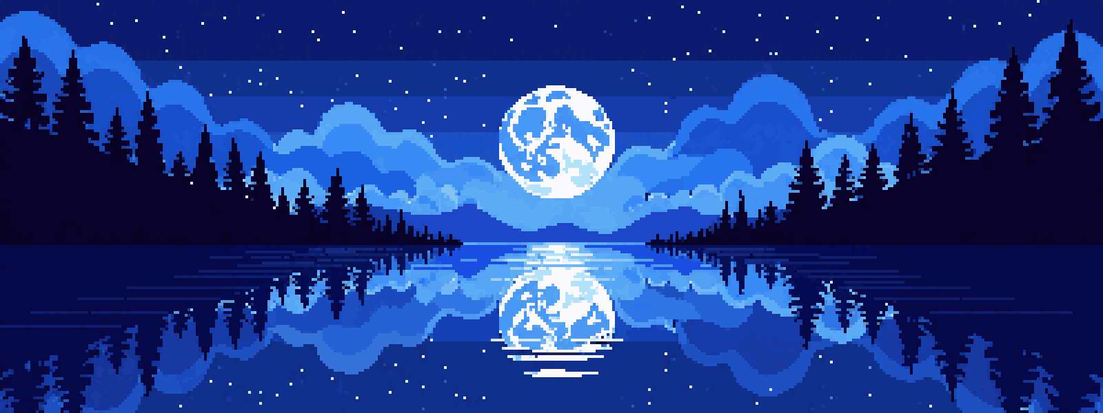 Pixel-art illustration of a moonlit lake scene for the Ironbarrow post: How Ironbarrow works while you are away: offline progress explained