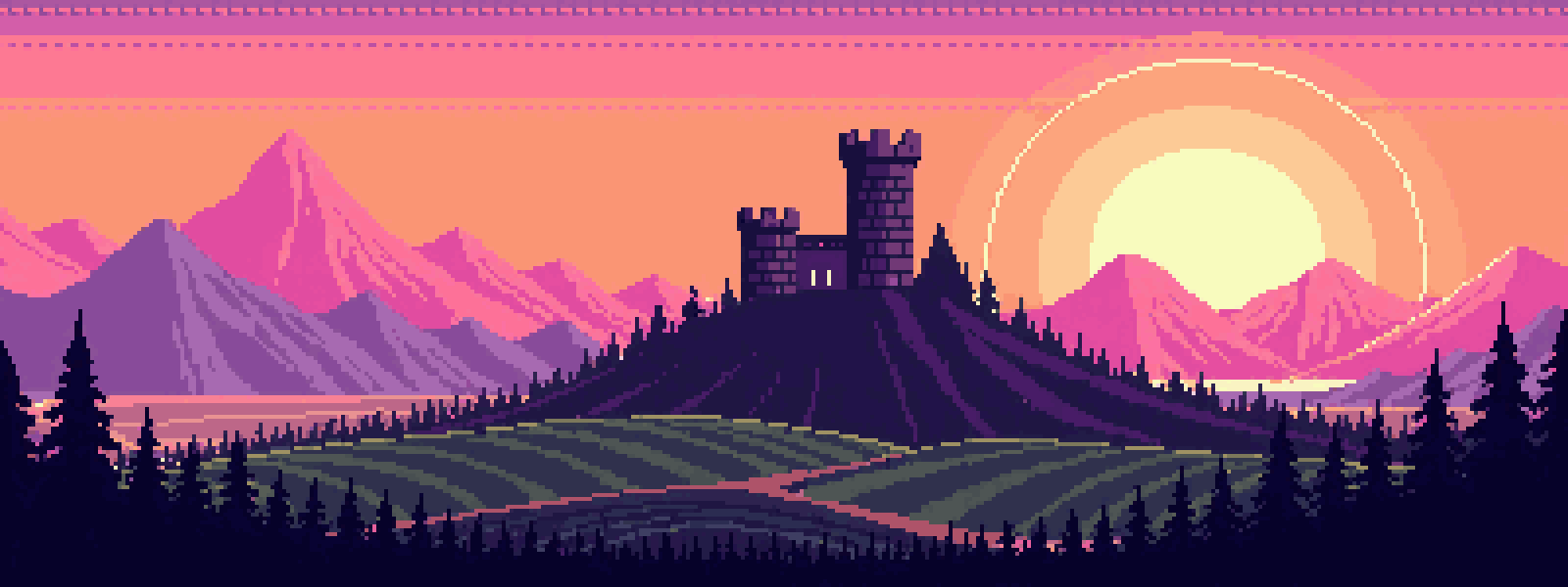Pixel-art illustration of a sunset keep scene for the Ironbarrow post: Hero guide: skills, adventures, gear, outfits and wild animals